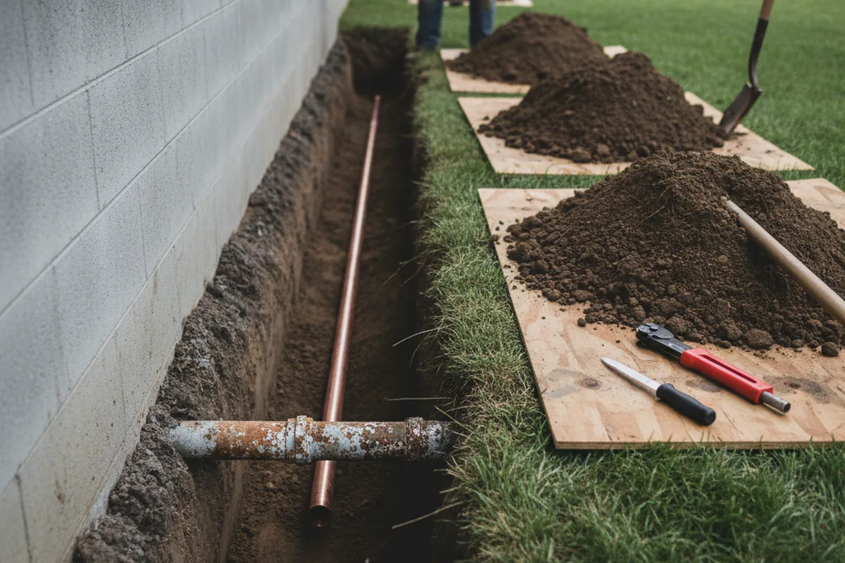 Excavated water line trench during Sewer Line Repair in Winchester
